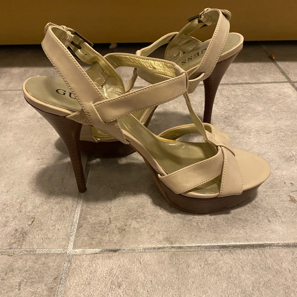 Guess T-Strap Heeled Sandal, Size 7, Nude